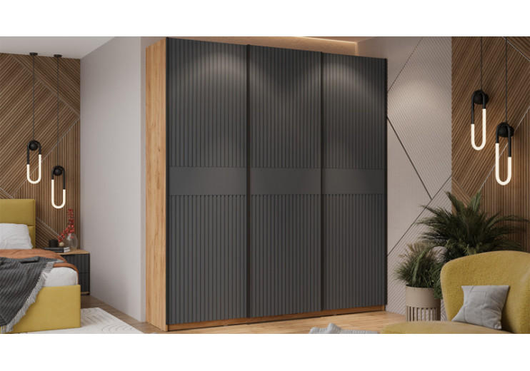 Шкаф-купе с 3 глухими дверями «Оскар Хилтон» Ручка черная, Дуб Крафт золотой, Графит матовый